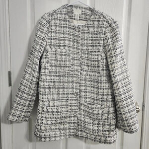 H&M mid length button up Boucle plaid coat regencycore sparkle woman medium